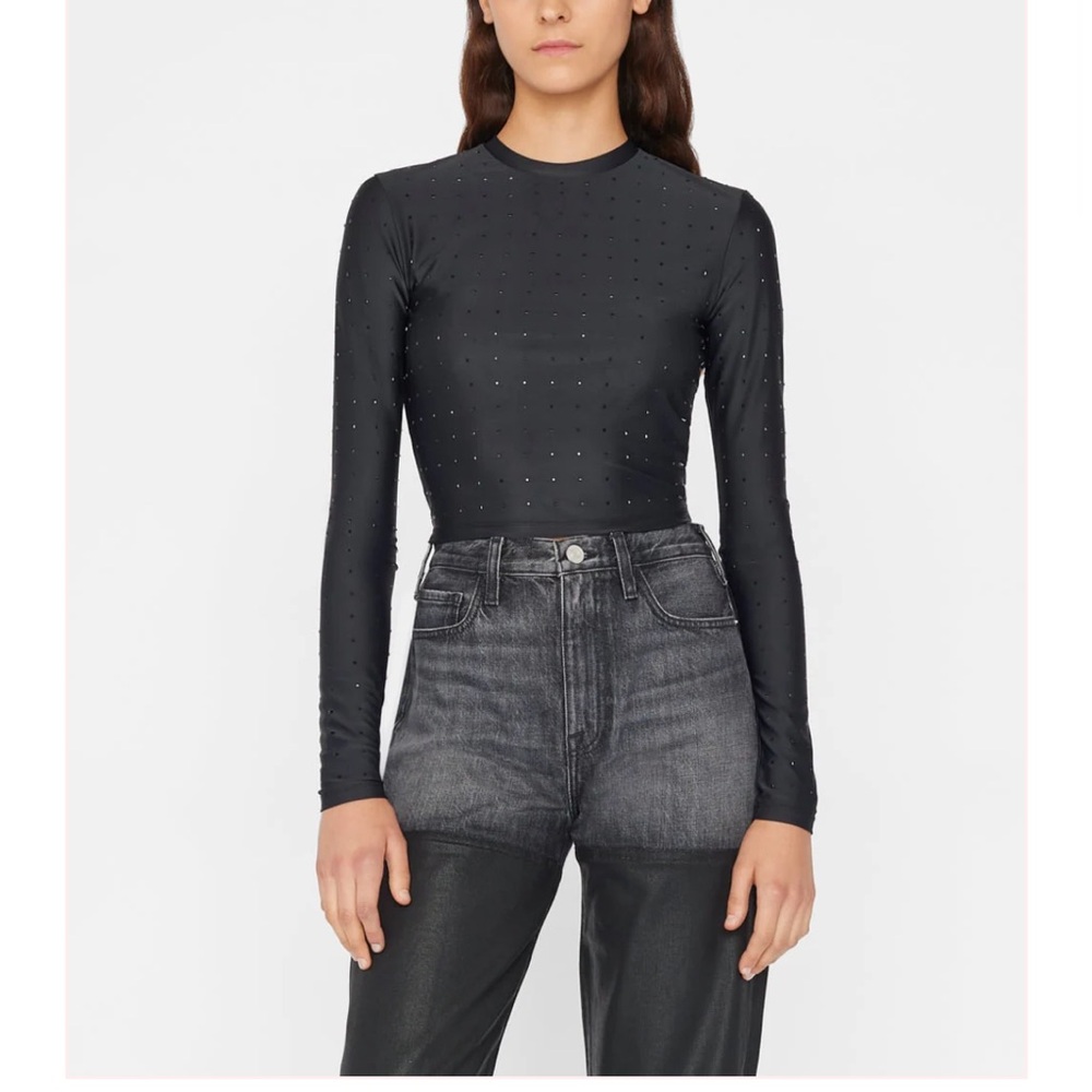 Frame Cropped Long Sleeve Rhinestone Top In Black/Noir